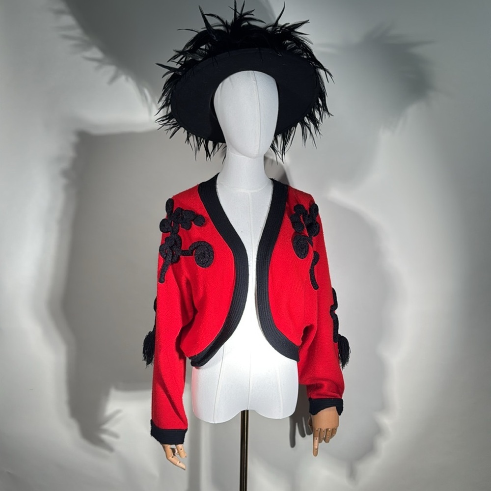 1980s Vintage Mondi Red and Black Swirl Pattern Tassel Sweater